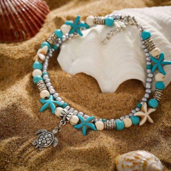 NEW By the Sea Double Ankle Bracelet Starfish Turtle Turquoise Ivory Silver - Picture 1 of 8